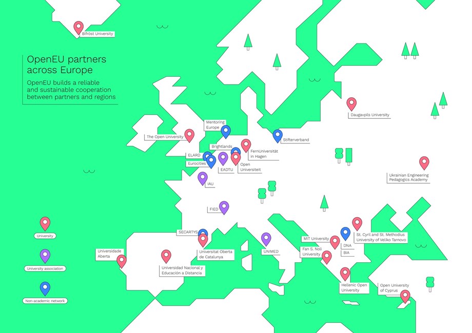 Yfirlitskort yfir samstarfsaðila innan OpenEU háskólanetsins. Yfirlitskort yfir samstarfsaðila innan OpenEU háskólanetsins.