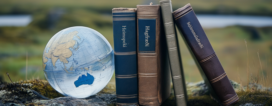 books leaning against a globe with titles reading
