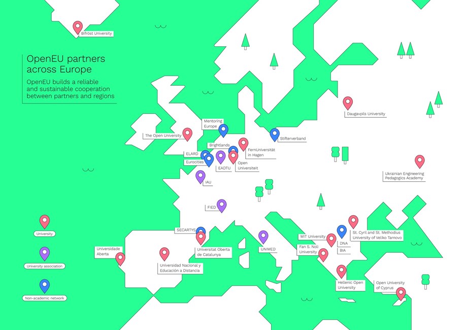 Yfirlitskort yfir samstarfsaðila innan OpenEU háskólanetsins.